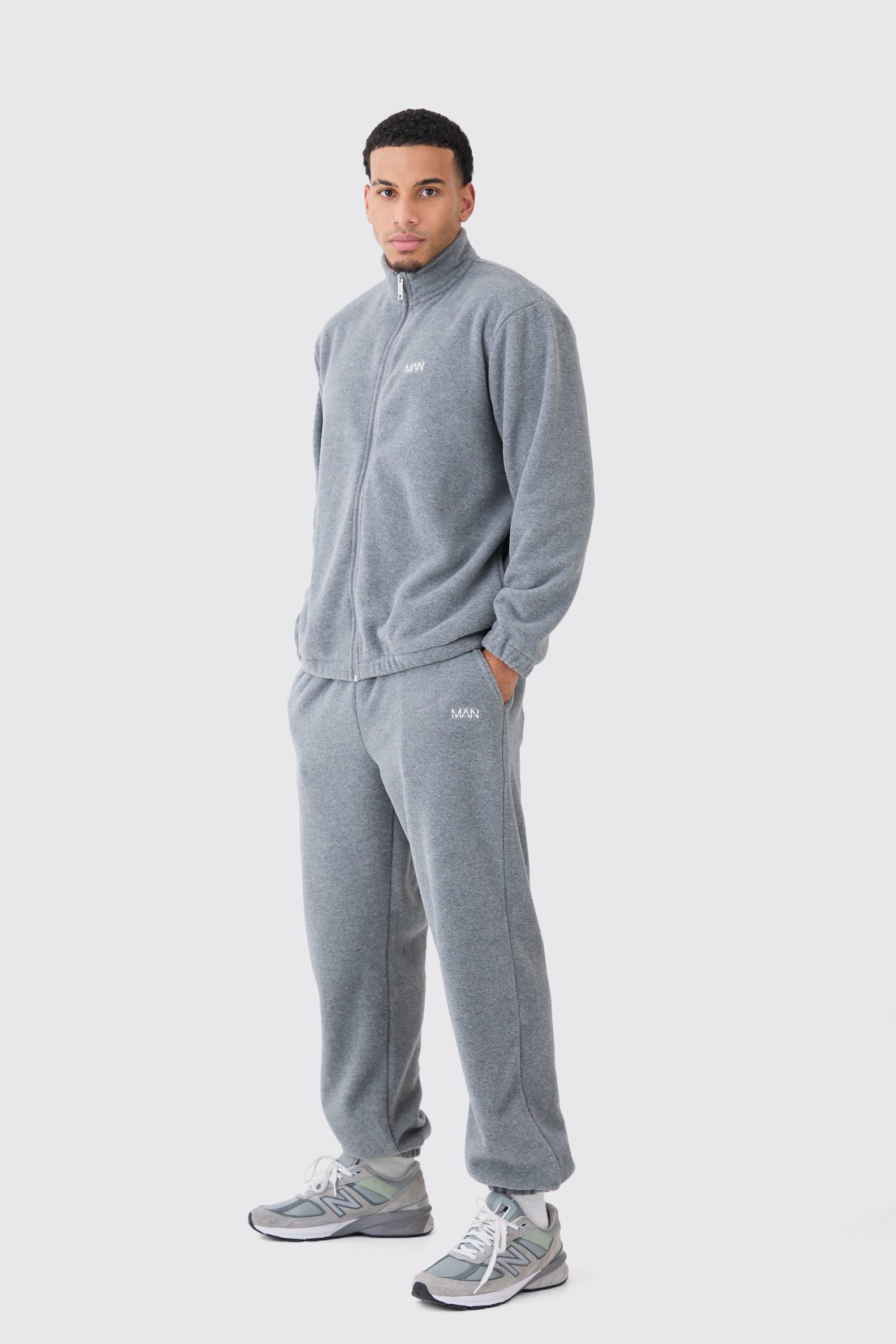 Mens Grey Man Oversized Zip Through Funnel Neck Fleece Tracksuit, Grey